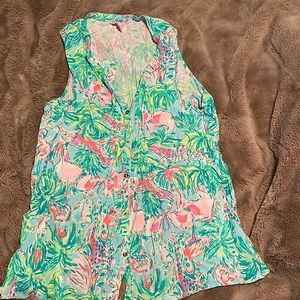 Lilly Pulitzer L EEUC pintucked button up tunic flamingo elephant giraffe